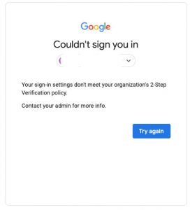 A google login screen with the words couldn't sign you in.