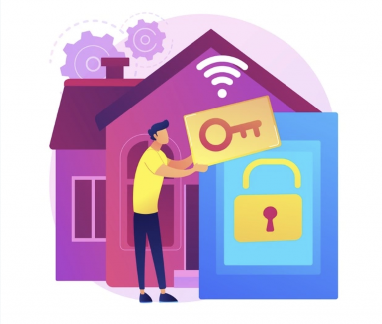 A man holding a padlock in front of a house.