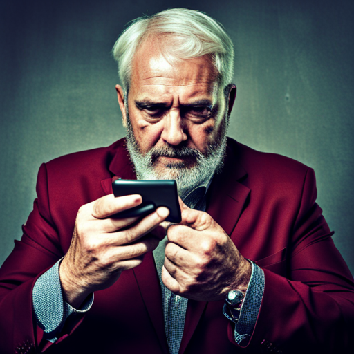 An older man with a beard looking at his phone.