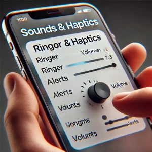 A person adjusts ringer and alert volumes on the "Sounds & Haptics" settings screen of a smartphone.