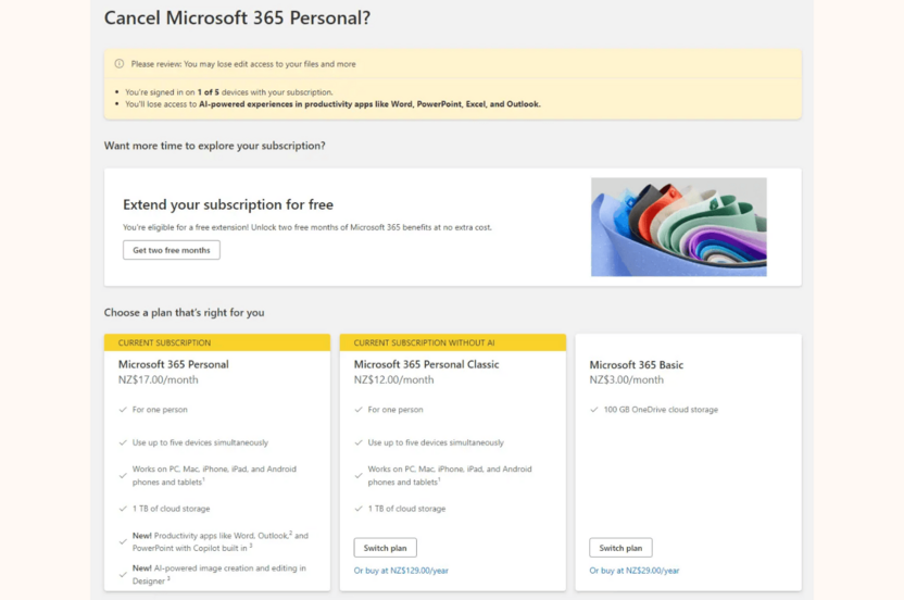 Screenshot showing options to switch Microsoft 365 subscriptions with pricing in NZD. Current plan: Microsoft 365 Personal. Other options: Personal Classic and Basic. Offer to extend subscription.