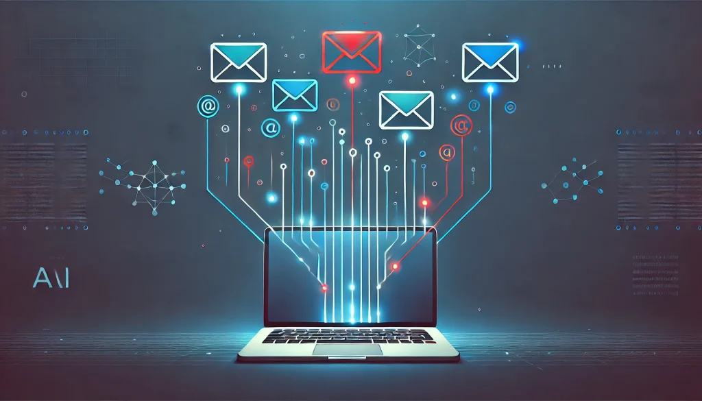 A laptop with glowing lines connecting to floating email icons, symbolizing digital communication and data transfer.
