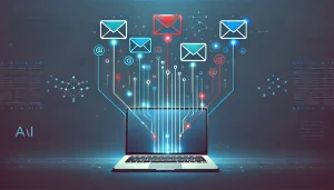 A laptop with glowing lines connecting to floating email icons, symbolizing digital communication and data transfer.