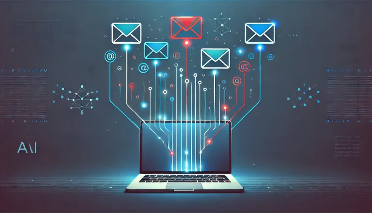 A laptop with glowing lines connecting to floating email icons, symbolizing digital communication and data transfer.