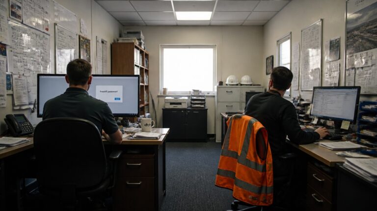 Two people sit at separate desks working on computers in an office. Papers and shelves line the walls. One person wears a reflective safety vest. A window and printer are at the back of the room.