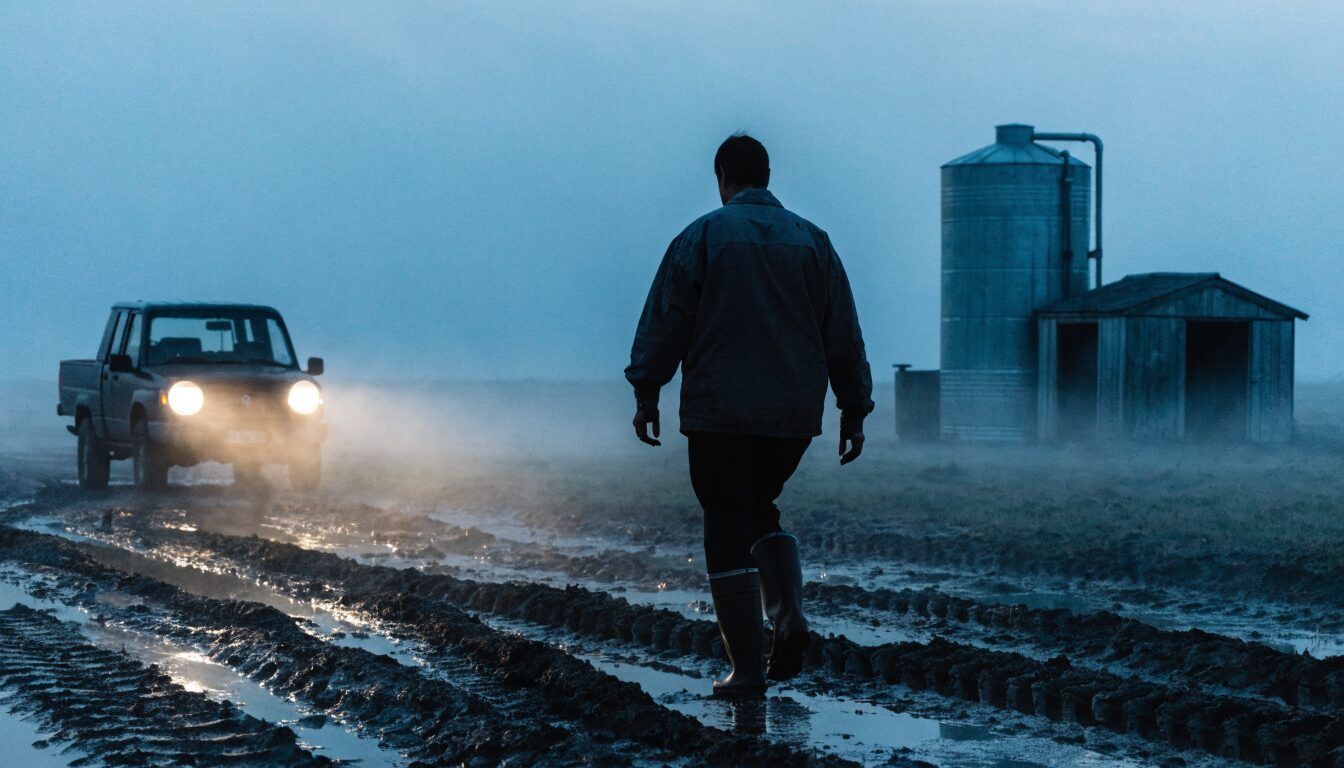 Farmer walking to a remote water tank at dawn, ute headlights behind