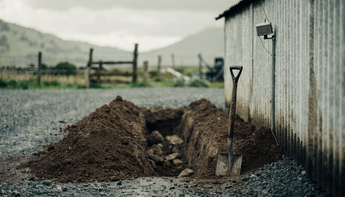 Half-dug cable trench beside a farm shed with a small radio unit