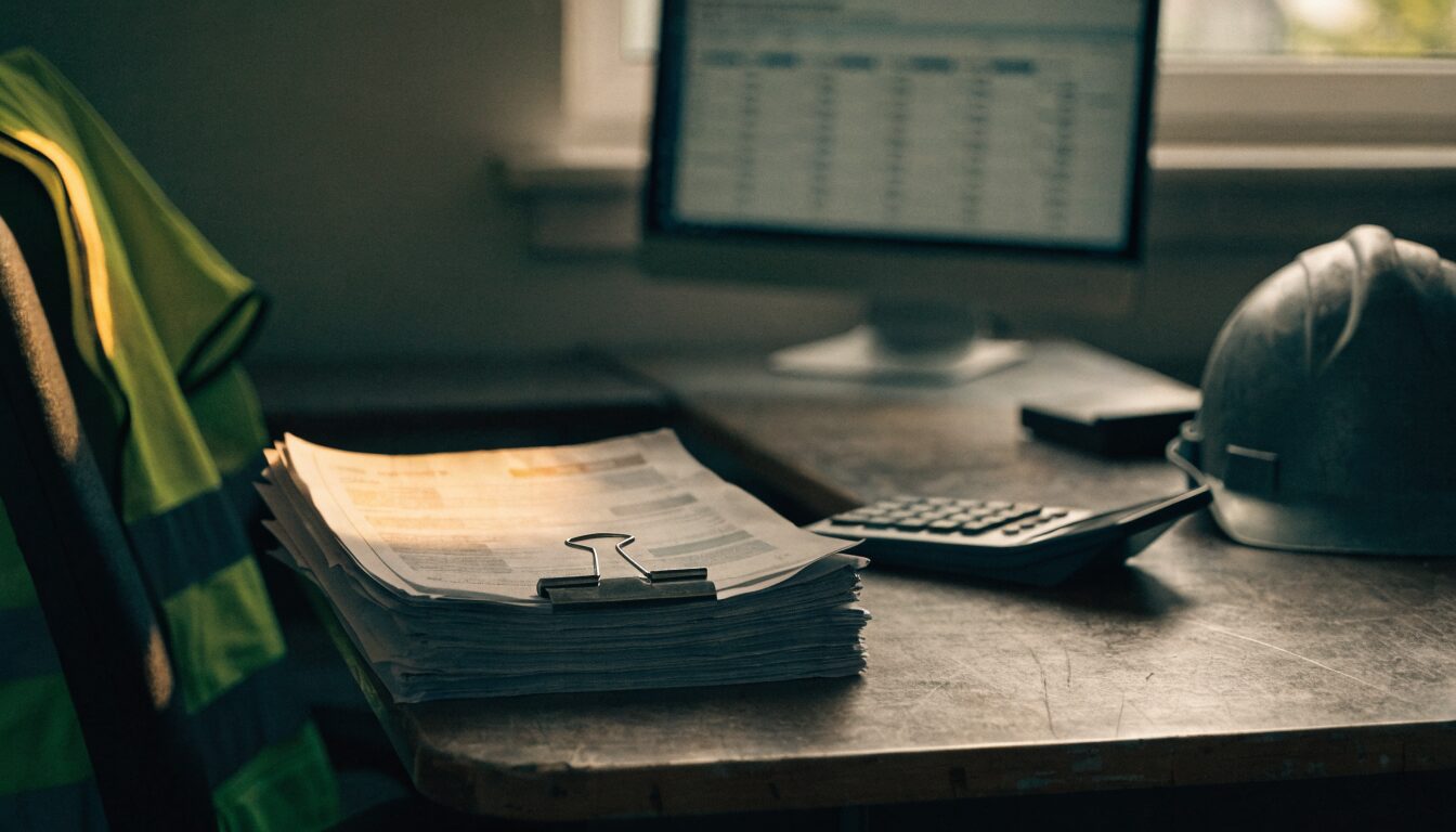 Stacked invoices and a calculator on a contractor's desk