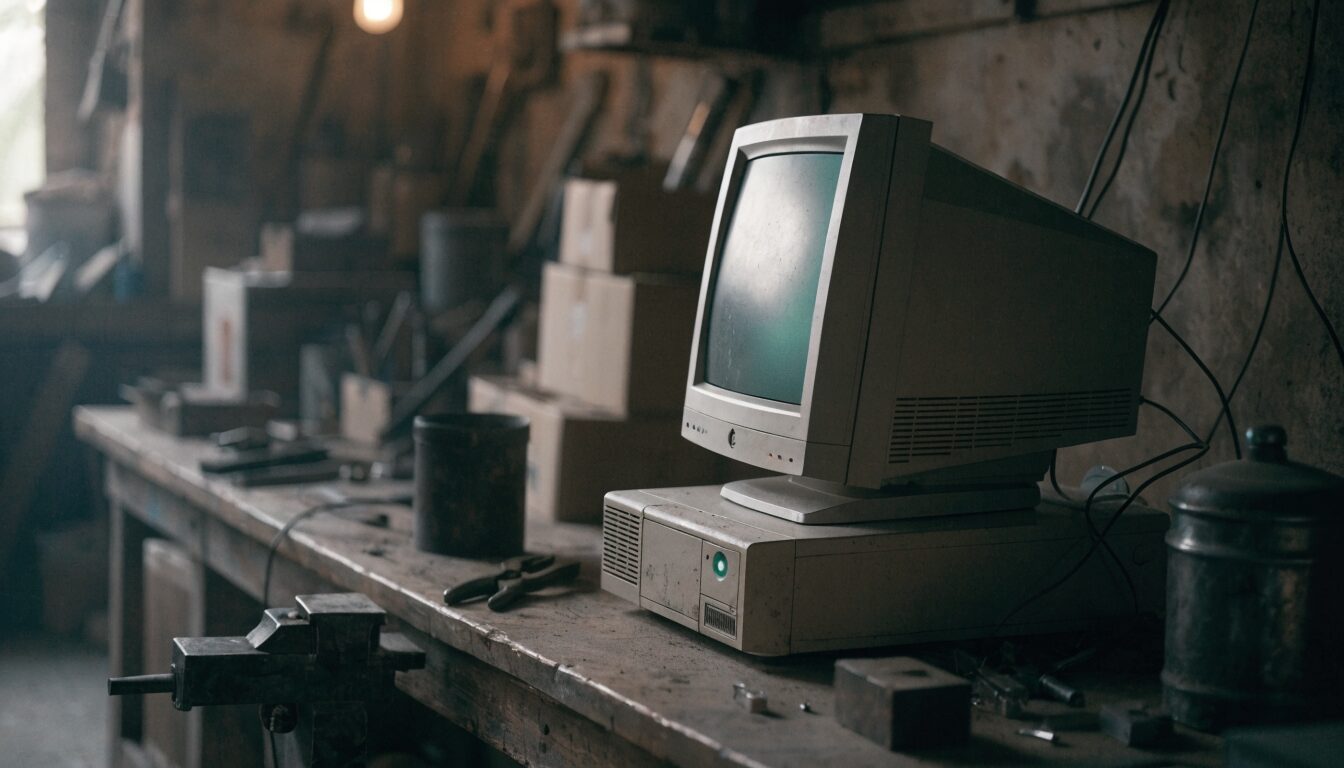 An old PC still running the business in a workshop