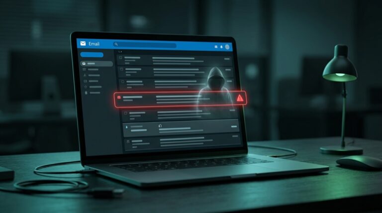Laptop showing an email inbox with one message flagged by a red warning outline and a hooded ghost figure emerging from it, illustrating the Microsoft 365 Ghost Sender spoofing flaw