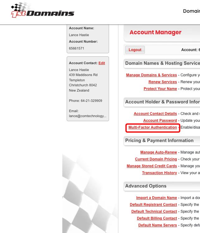 Screenshot of the 1st Domains account manager page, showing user contact details on the left and account management options on the right, including multi-factor authentication.